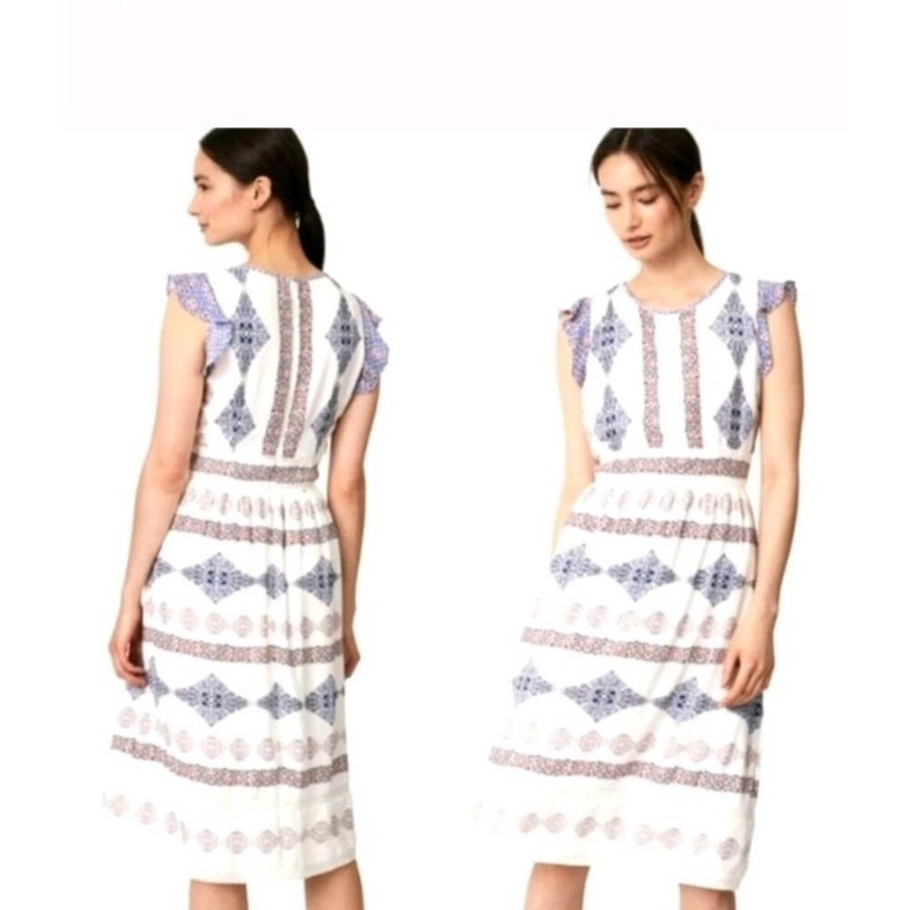 Loft  Midi Dress with Navy & Rust Print embroidered detailing size 4